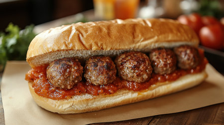 A hearty meatball sub overflowing with savory sauce and freshly cooked meatballs.の素材