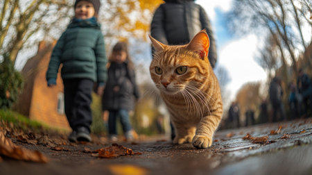 A ginger cat confidently walks along a path as children wander around in autumn.の素材