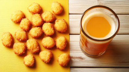 Tasty golden nuggets accompany a frothy glass of amber refreshment on wood.の素材