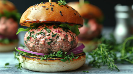 Indulge in a succulent burger with herbs and onions, a true culinary delight.の素材