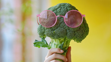 A quirky broccoli is styled with pink sunglasses, radiating a fun, cheerful vibe.の素材