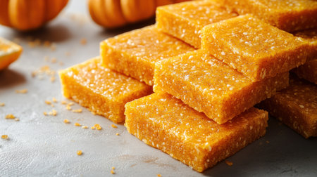 Vibrant pumpkin squares stacked high, perfect for fall treats!の素材