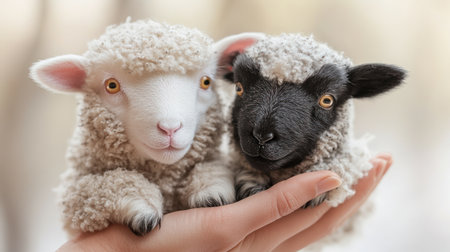 Two fluffy lambs cuddle, showcasing their contrasting colors and sweet faces.の素材