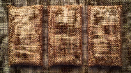 Three burlap bags rest on a rustic surface, showing their woven texture and natural hue.の素材