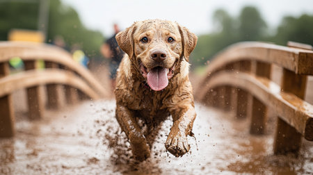 The joyful dog runs through puddles, creating a playful splash under cloudy skies.の素材