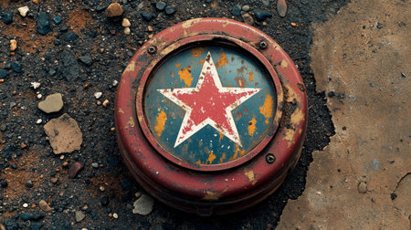 An old red star symbol rests on a rough surface, highlighting its worn texture and colors.の素材