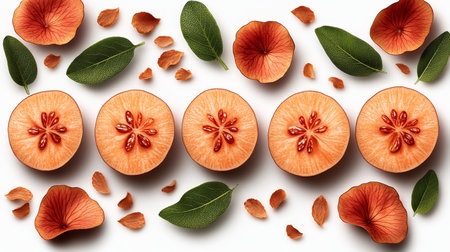 Vibrant fruit slices with petals and leaves create a stunning natural display.の素材