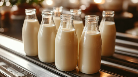 Creamy milk in glass bottles is arranged on a rustic table, creating a warm ambiance.の素材