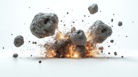 Rocks shatter and ignite in an explosive burst, showing the power of natural elements merging.の素材