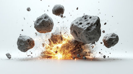 A powerful eruption sends rocks flying, with flames illuminating the space around it.の素材