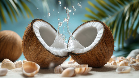 Splashes of coconut water burst from a freshly cracked coconut on a sandy shore.の素材