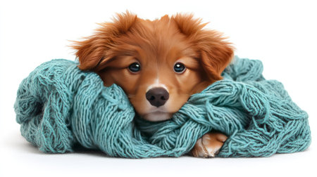 A playful puppy snuggles in a fluffy blanket, enjoying a moment of comfort.の素材