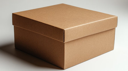 A plain brown box sits untouched, reflecting light and hinting at hidden treasures inside.の素材