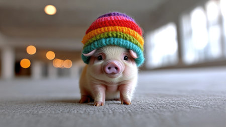 A small piglet in a vibrant rainbow hat strolls through a brightly lit indoor area, spreading joy.の素材