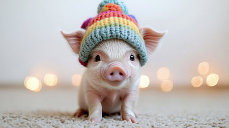 A piglet in a bright knitted hat poses adorably on a cozy carpet with soft lighting.の素材