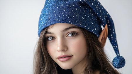 A young girl embodies a whimsical elf with a sparkling blue hat, exuding magic and innocence.の素材