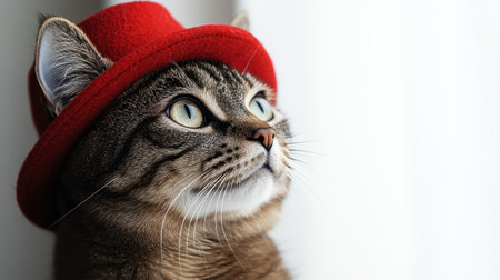 A charming striped cat with big eyes enjoys a moment of curiosity, wearing a vibrant red hat.の素材