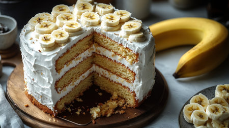A rich, layered banana cake centered on a wooden board, surrounded by ripe bananas and frosting.の素材