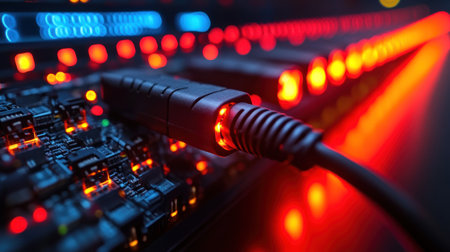 Colorful lights blink on a switch, lighting up connections during night troubleshooting.の素材