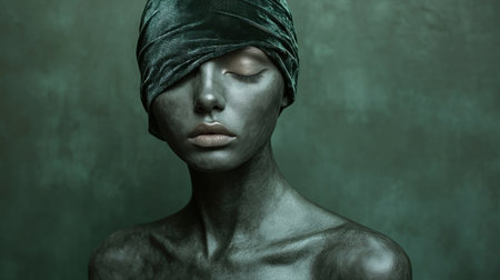 A striking figure adorned in a dark green covering embodies serenity and introspection.の素材