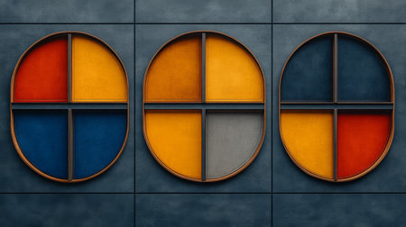 Three circular designs feature bold colors and distinct patterns, enhancing the urban atmosphere.の素材