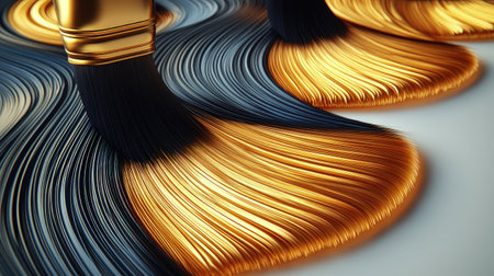 Swirling strokes of golden paint mix with deep black, showing exquisite brushwork and artistry.の素材