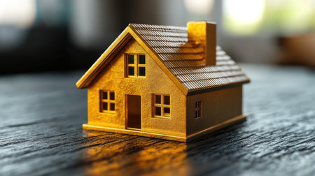 A small wooden house model illuminates softly with sunlight, creating a warm atmosphere.の素材