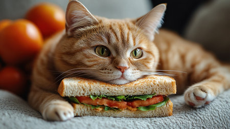 A playful tabby cat relaxes with a sandwich beneath its chin, surrounded by fruits.の素材