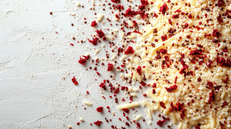 Crumbled cheese and vibrant red toppings create a vibrant culinary display on a rustic surface.の素材