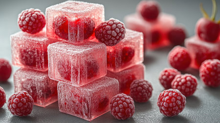 A vibrant display of raspberry-flavored cubes stacked elegantly with fresh berries around.の素材