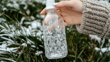 A hand holds a clear glass bottle amidst fresh green grass and a delicate layer of snow.の素材