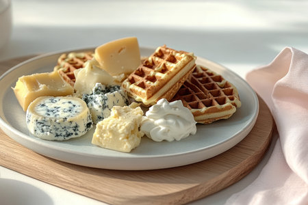A beautiful assortment of waffles paired with rich cheeses and smooth toppings, ideal for brunch.の素材