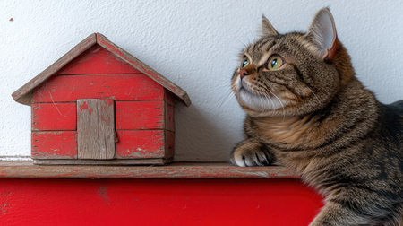 A curious cat admires a small red wooden house, creating a delightful indoor atmosphere.の素材