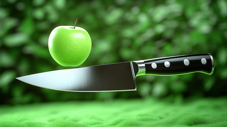 A shiny green apple hovers above a sharp knife, set against a vibrant green background in daylight.の素材
