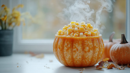 A festive pumpkin brims with sweet corn and steam, capturing fall flavors indoors.の素材