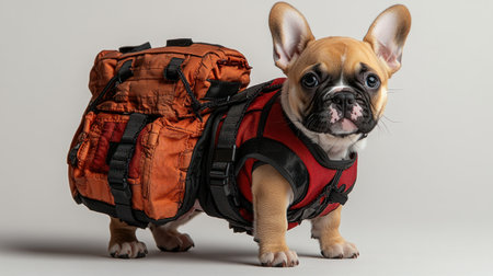 A playful French bulldog wears a vibrant backpack, showing its adventurous spirit and charm.の素材