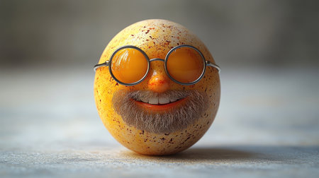 A quirky egg with a smiling face, sporting round glasses and a fluffy beard, brings joy.の素材