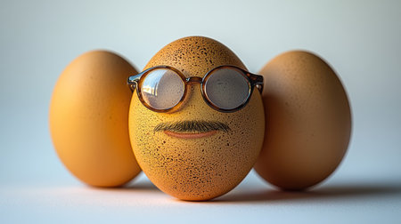 Three eggs come to life as humorous characters complete with glasses and a mustache.の素材