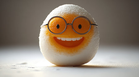 A friendly fruit character wearing glasses smiles brightly, spreading happiness and warmth.の素材