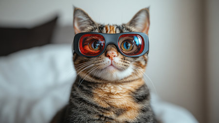 A clever cat with vibrant glasses relaxes on a fluffy bed, enjoying a calm moment indoors.の素材