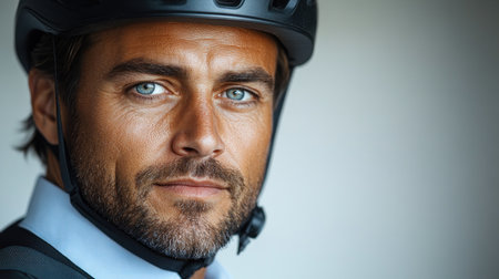 A man wearing a cycling helmet displays focus and readiness for an exciting ride outdoors.の素材