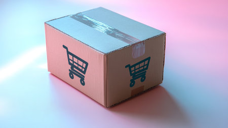 A brown box with a shopping cart emblem rests on a pastel backdrop, suggesting online shopping.の素材