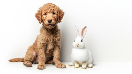 A playful puppy and a fluffy rabbit sit side by side, exuding an aura of friendship and joy.の素材