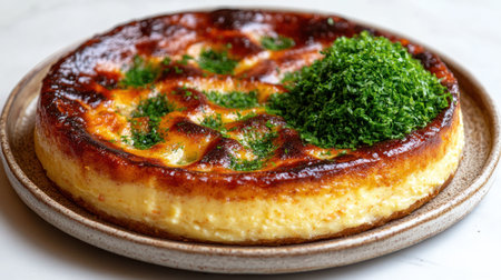A delicious dessert with a golden crust topped with vibrant green herbs.の素材