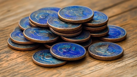 Colorful coins lie on a weathered table, shimmering softly and showcasing intricate designs.の素材