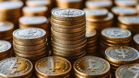 Soft lighting highlights meticulously arranged coins, showing wealth and stability.の素材