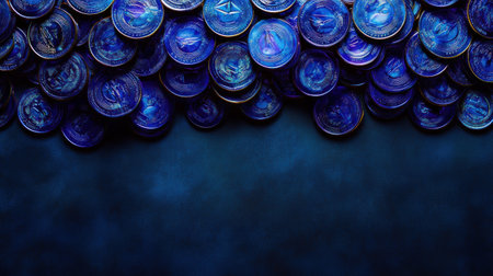 Richly colored blue coins are arranged in a stunning pattern, catching light and creating shadows.の素材