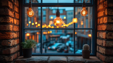 Soft glow of light bulbs fills the window while city life hums outside at twilight.の素材