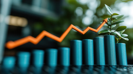 A vibrant representation of economic growth with green sprouts alongside ascending bars.の素材