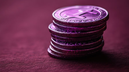 Colorful coins arranged in a neat stack, highlighting their unique patterns and textures.の素材